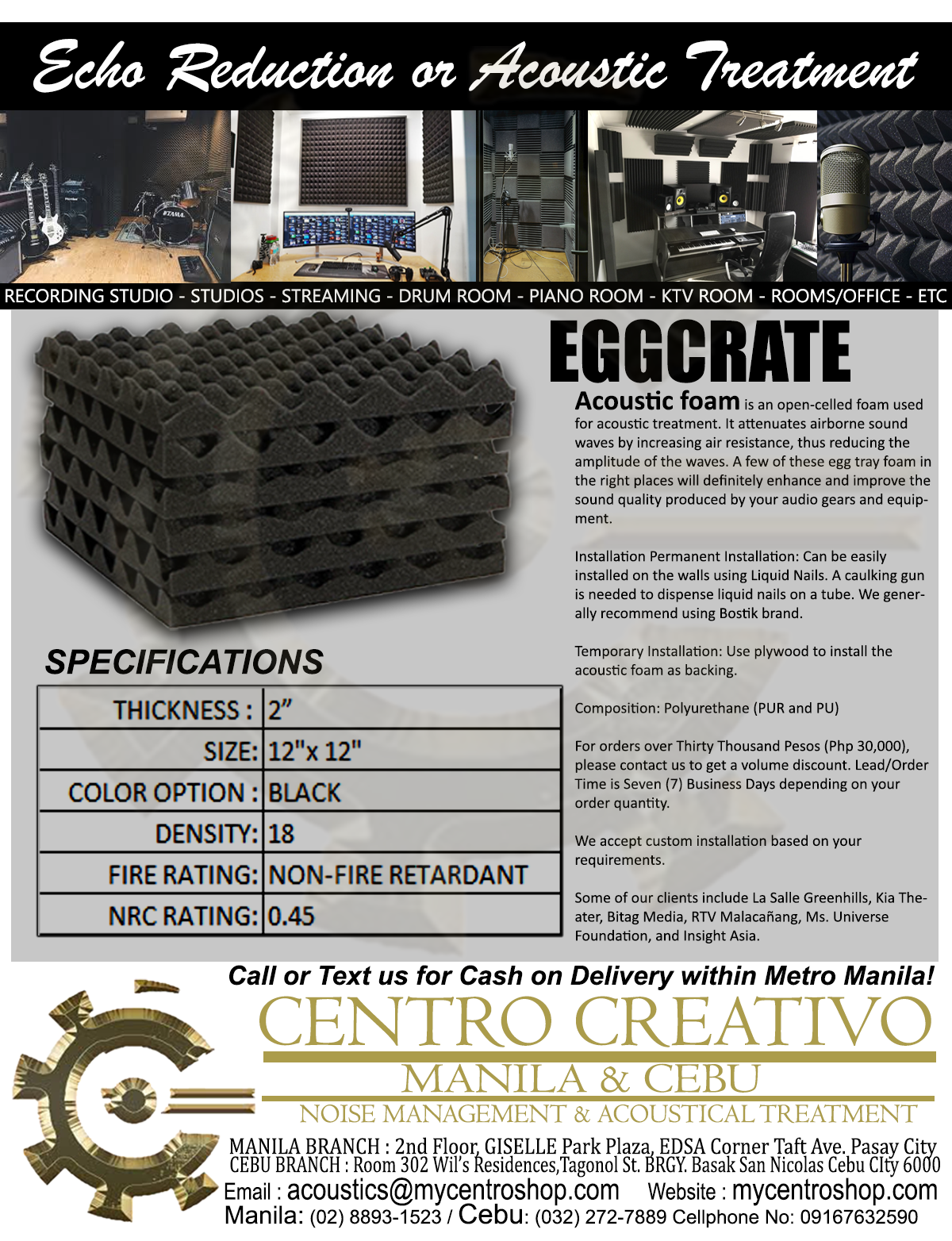 Egg Crate or Profile Design Acoustic Foam/Non-Fire Retardant