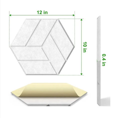 Decorative Hexagon Polyester Fiber Acoustic Panel with Self Adhesive-12in x 10in x 9mm